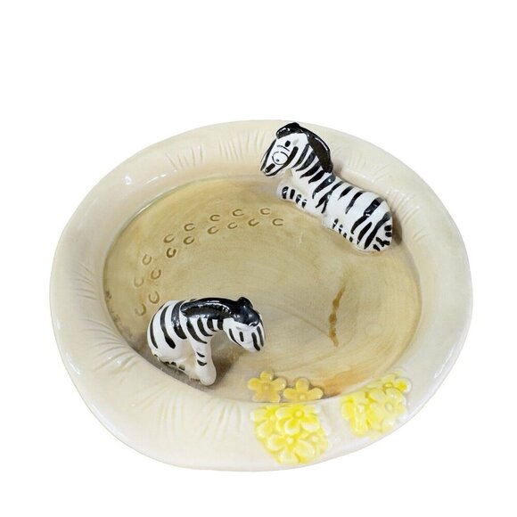 Whimsical Ceramic Ashtray Dish With 3D Raised Zebra Animals Marked On Bottom VTG - Picture 2 of 14